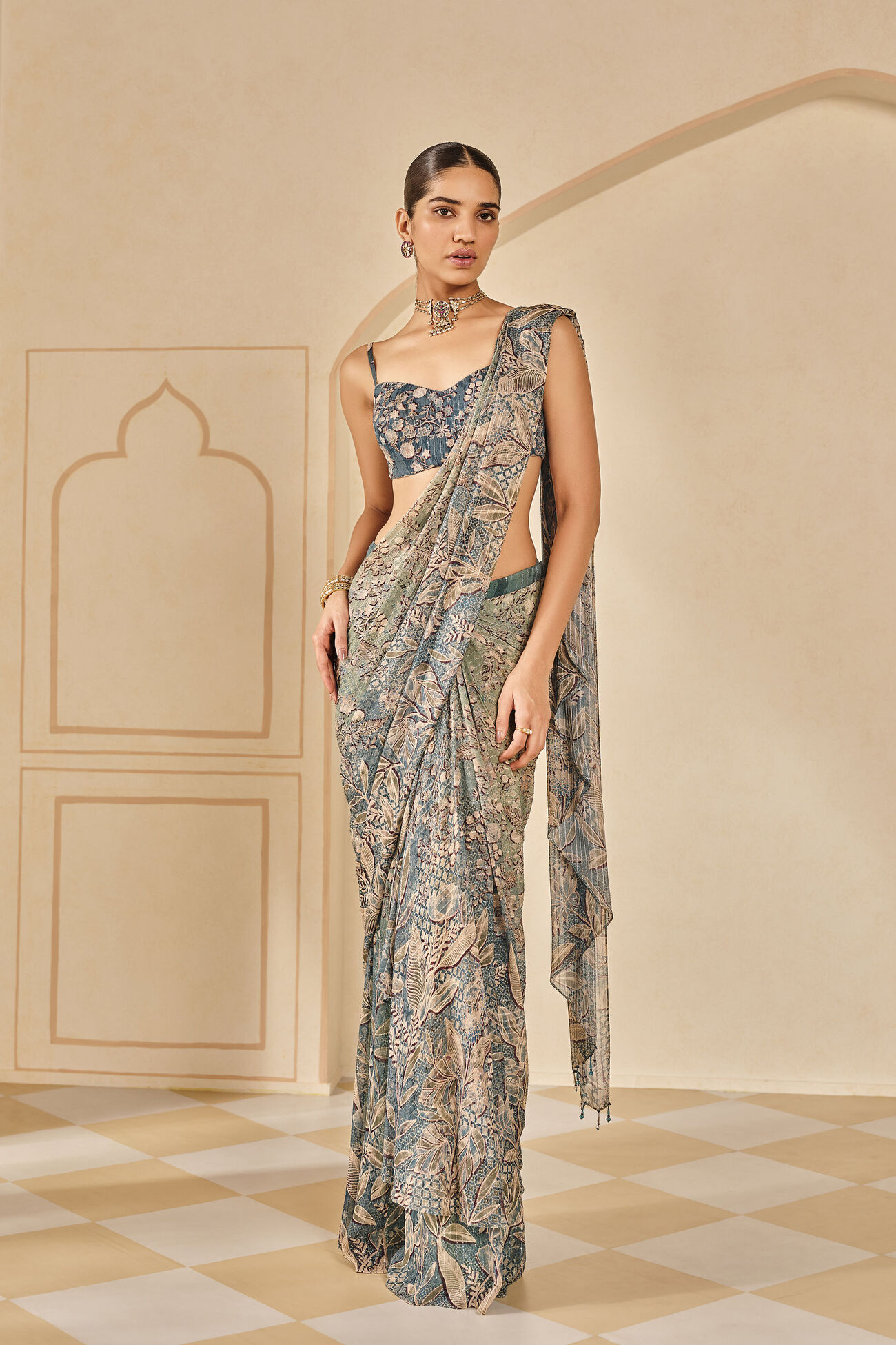 Turaya Printed Bemberg Pre-draped Saree - Powder Blue, Powder Blue, image 1